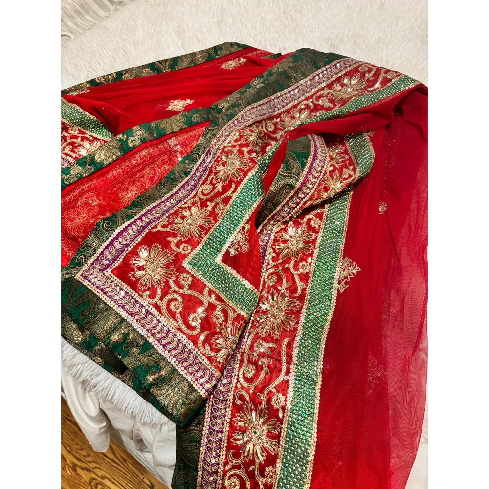 Red Bridal Dupatta Gold Zari Embroidery Sequin Border Wedding Wrap Scarf